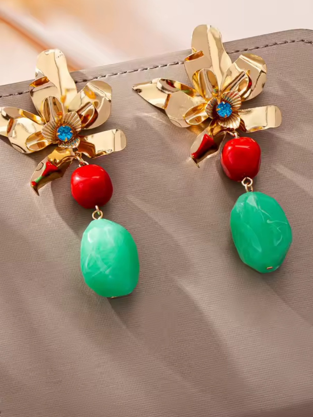 Gold Floral Drop Earrings with Red and Green Stones